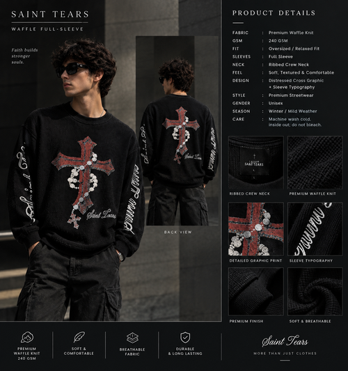 Saint Tears™ Distressed Cross Waffle Knit Oversized Sweatshirt – Black