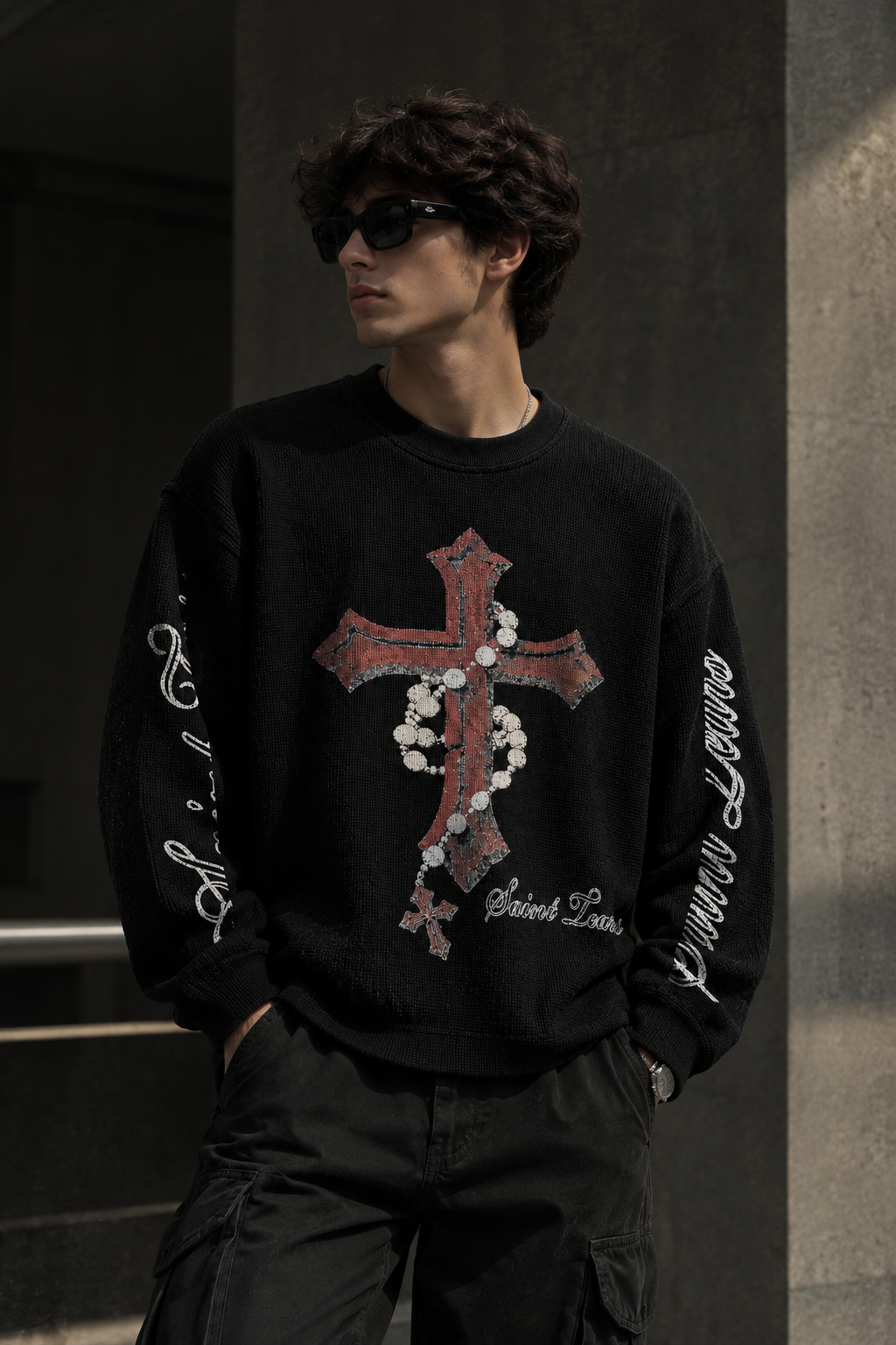 Saint Tears™ Distressed Cross Waffle Knit Oversized Sweatshirt – Black
